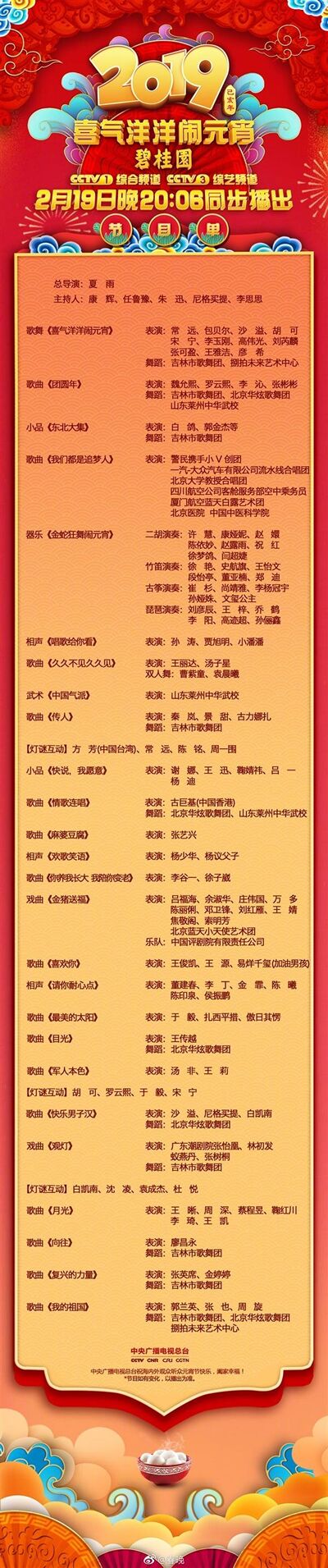 2019年央视元宵晚会节目单 开心闹元宵